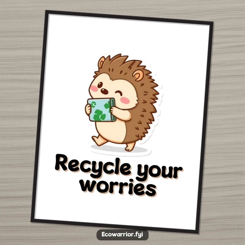 Funny Free Printable Wall Art featuring a helpful hedgehog carrying recycling, a quirky and green piece of decor.