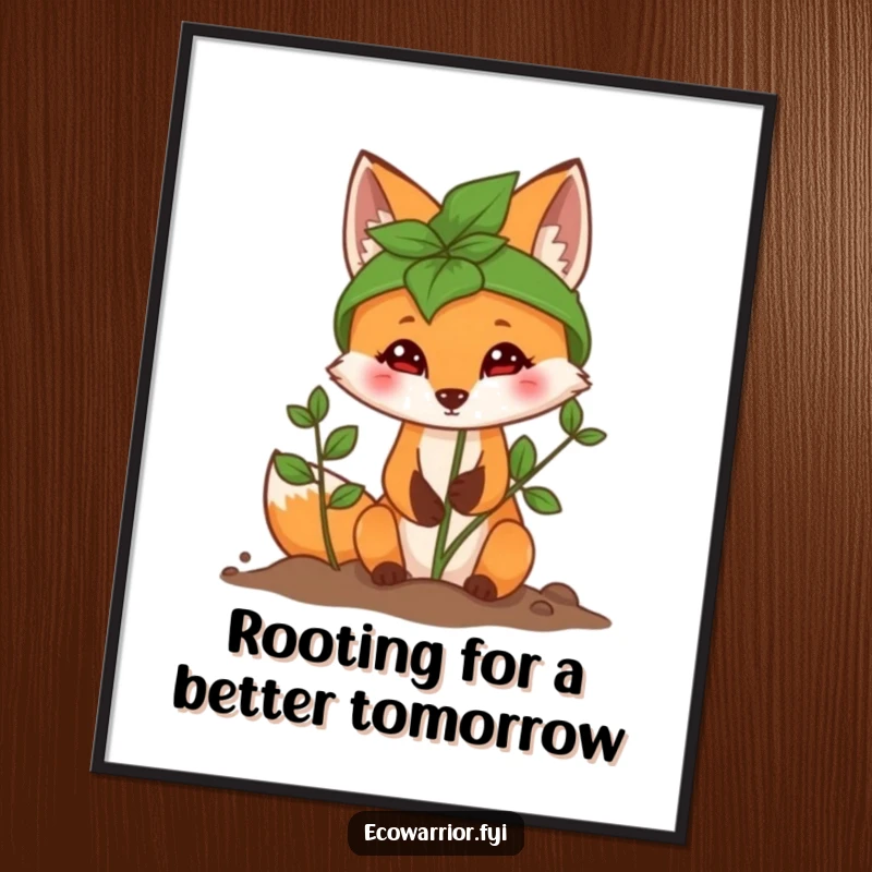 Funny Free Printable Wall Art: A determined fox wearing a tiny leaf helmet, carefully planting a sapling in the ground.