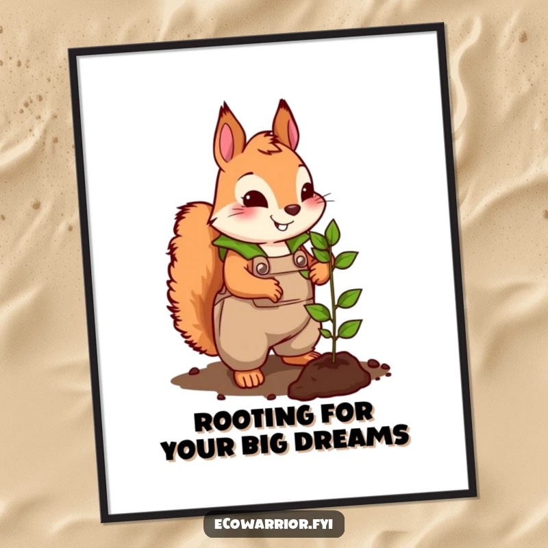 Funny Free Printable Squirrel Planting Art: A squirrel in leafy overalls energetically planting a tiny seedling. Nature-themed downloadable art.