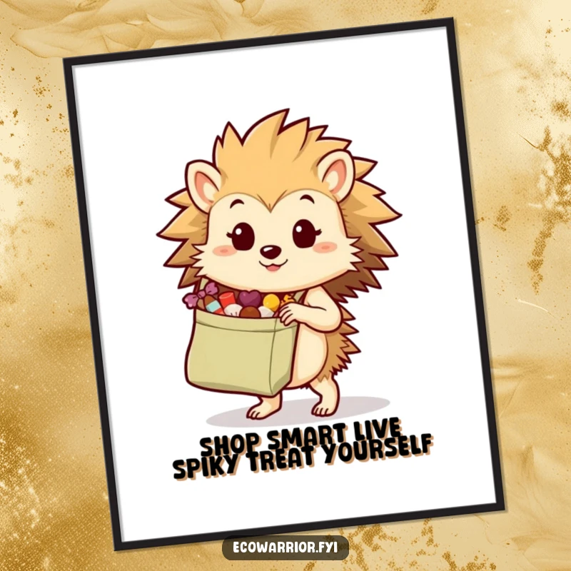 Funny Free Printable Wall Art of a determined hedgehog carrying a reusable shopping bag packed with various delicious treats, ready for enjoyment.