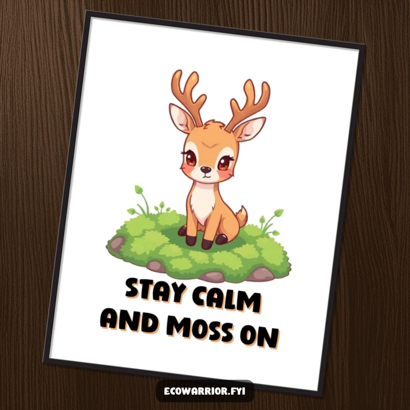 Elegant Free Printable Wall Art: A steadfast deer vigilantly guarding a patch of rich, green moss in a tranquil setting.