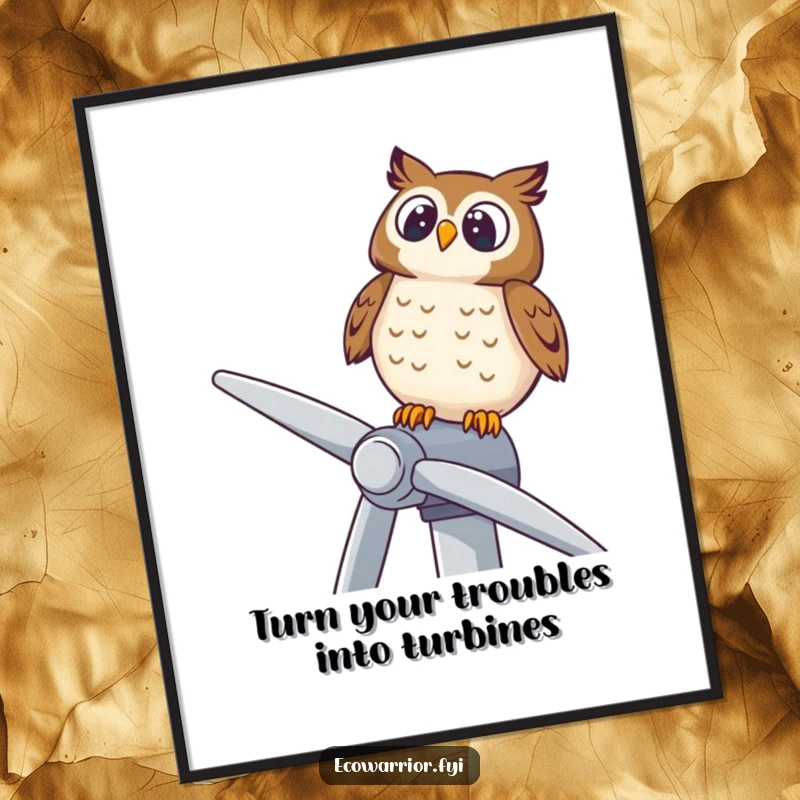 Funny Free Printable Owl Wall Art: A delighted owl perched on a wind turbine, gazing upwards, adding charm, DIY downloadable gift.