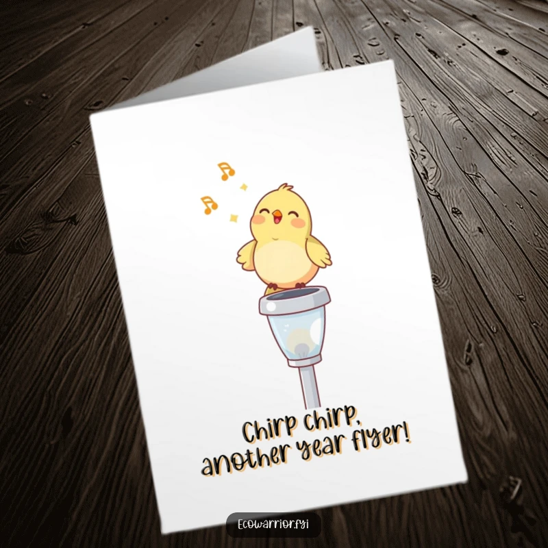 Funny Free Printable Bird Birthday Card: A happy bird sings merrily atop a solar garden light, celebrating a bright birthday.