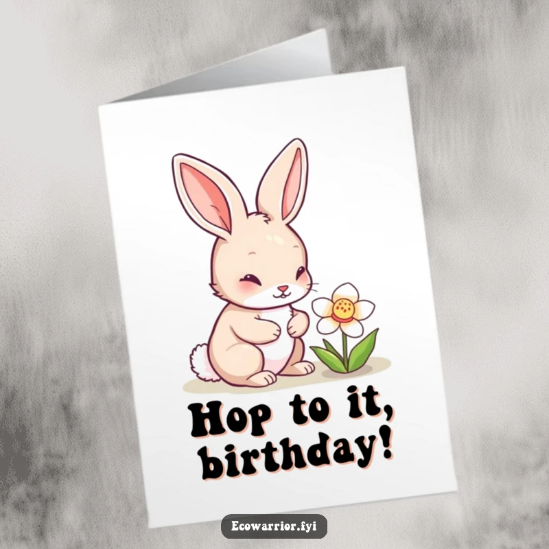Cute Free Printable Birthday Card of a curious rabbit examining a vibrant flower, perfect for nature lovers.