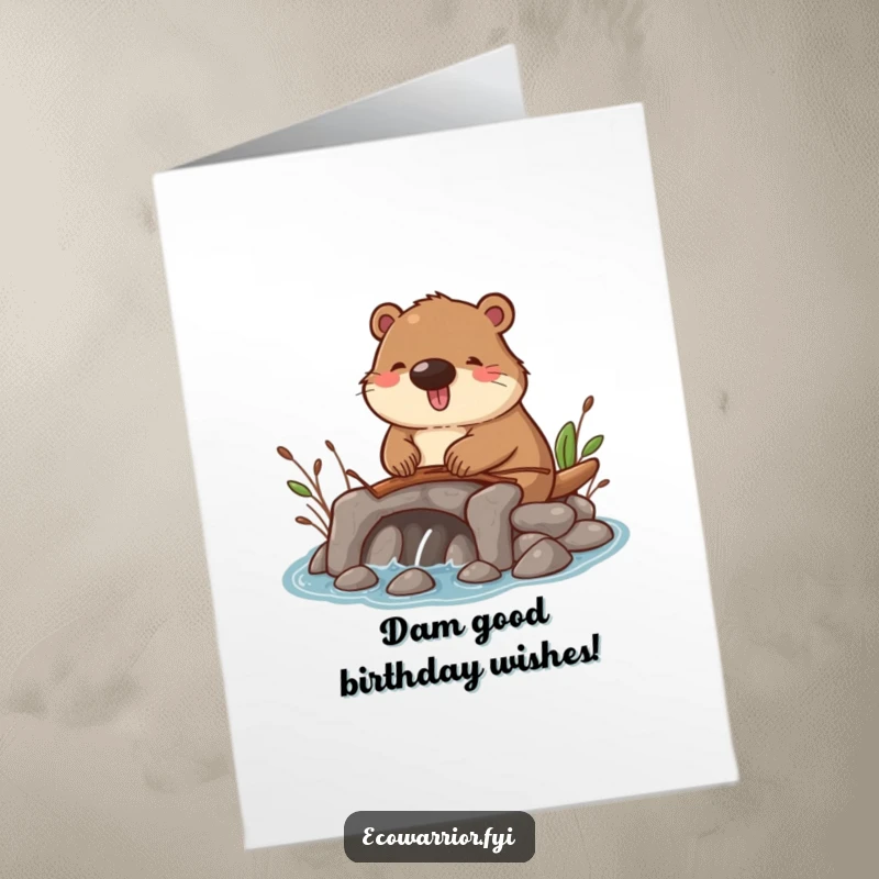 Funny Free Printable Beaver Birthday Card: A happy beaver crafting a twig dam, perfect for a DIY downloadable gift.