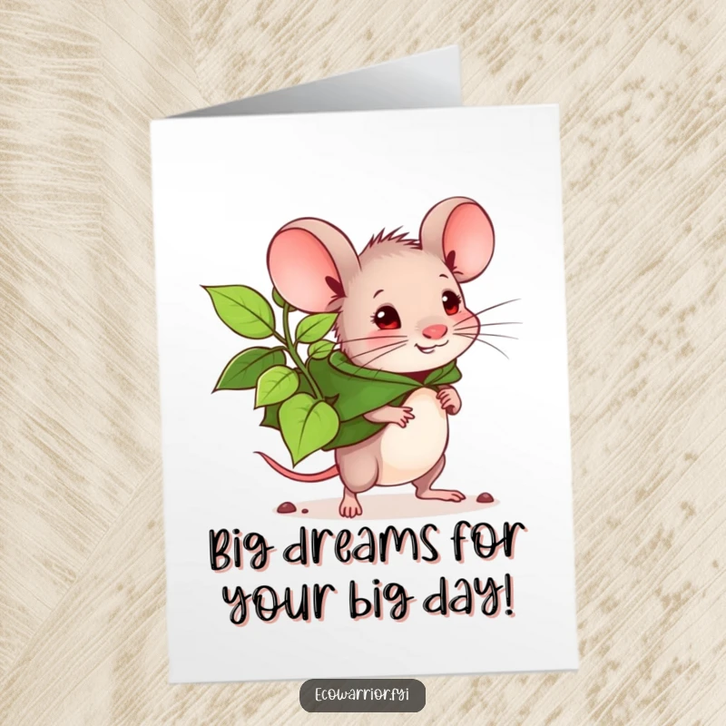 Funny Free Printable Birthday Card A determined mouse with a leaf cape carries a seedling for a birthday wish.
