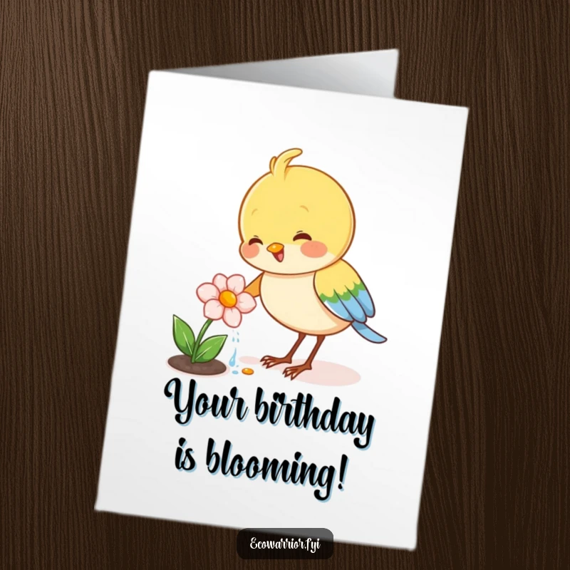 Funny Free Printable Birthday Card: Joyful bird watering a tiny blooming flower, wishing a happy and blossoming birthday. A funny downloadable gift.