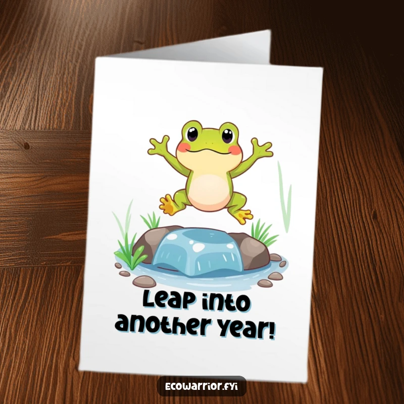 Funny Free Printable Birthday Card: Playful frog leaping with glee over a clear stream, ready to deliver birthday wishes.