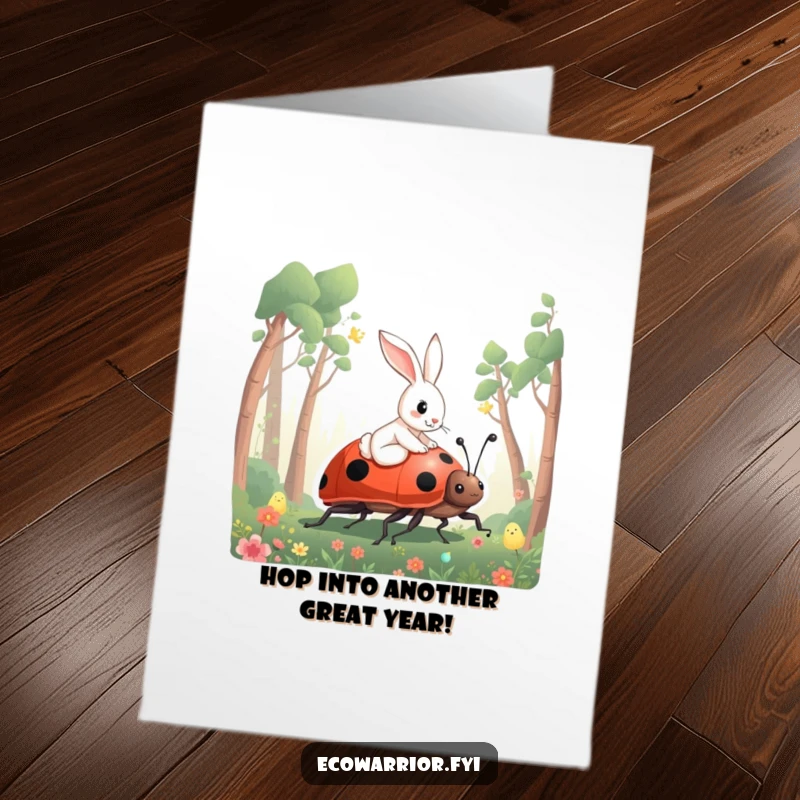 Funny Free Printable Birthday Card: Rabbit riding a giant ladybug through a forest, wishing a happy birthday.