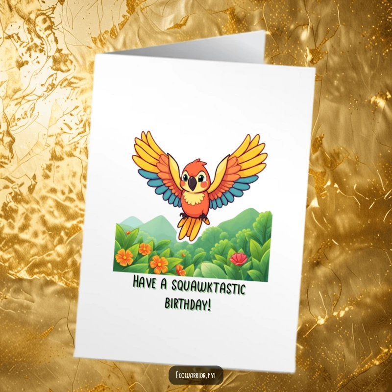 Funny Free Printable Birthday Card: A vibrant parrot with wings spread wide soars joyfully above a lush, green landscape.