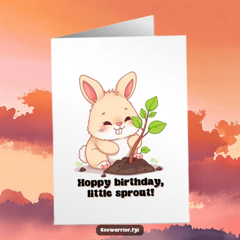 Funny Free Printable Birthday Card: Fluffy bunny planting a sapling with a determined grin, wishing growth and joy.