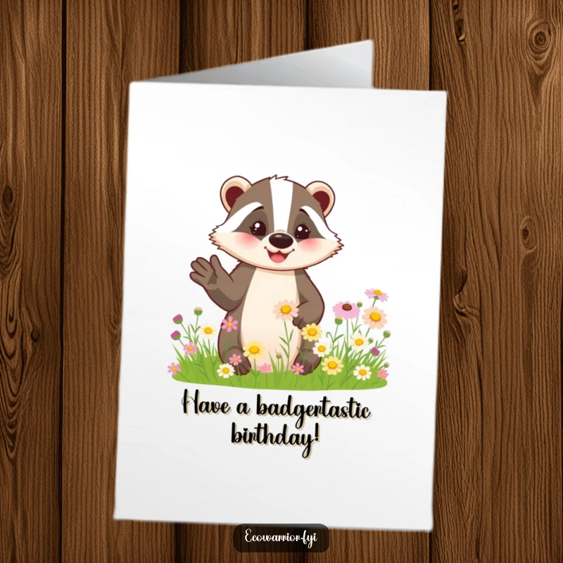 Funny Free Printable Birthday Card: Friendly badger smiling, gesturing towards blooming wildflowers, wishing a happy and vibrant birthday.