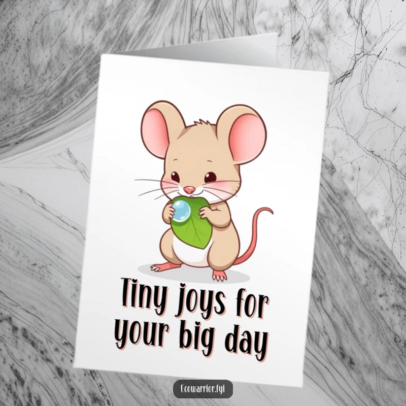 Funny Free Printable Birthday Card: A timid mouse delicately carrying a glistening dewdrop on a leaf.