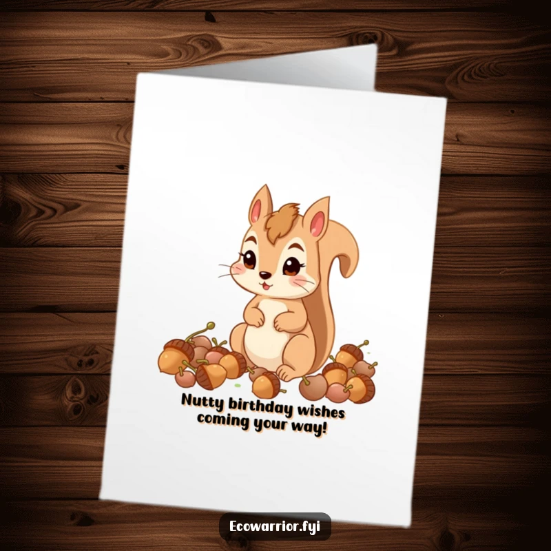 Funny Free Printable Birthday Card: A focused squirrel intensely collecting acorns, ready for a big celebration.