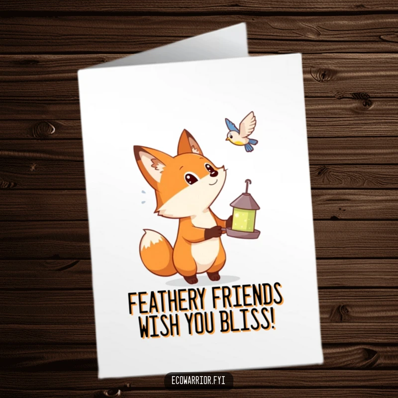 Funny Free Printable Birthday Card: Curious fox baffled by a bird, holding a feeder. A downloadable gift for laughs.