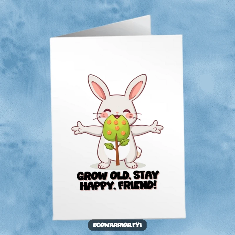 Funny Free Printable Birthday Card: Happy rabbit joyfully embraces a small sapling, spreading birthday wishes with outstretched arms.