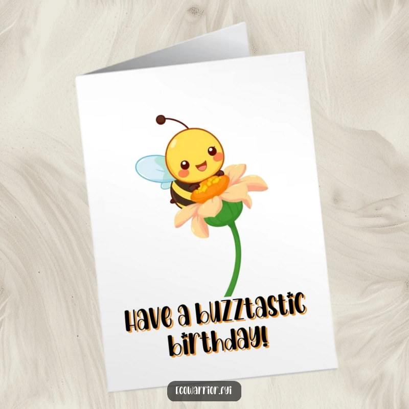 Funny free printable birthday card featuring a happy bee pollinating a vibrant wildflower, a sweet and downloadable greeting.