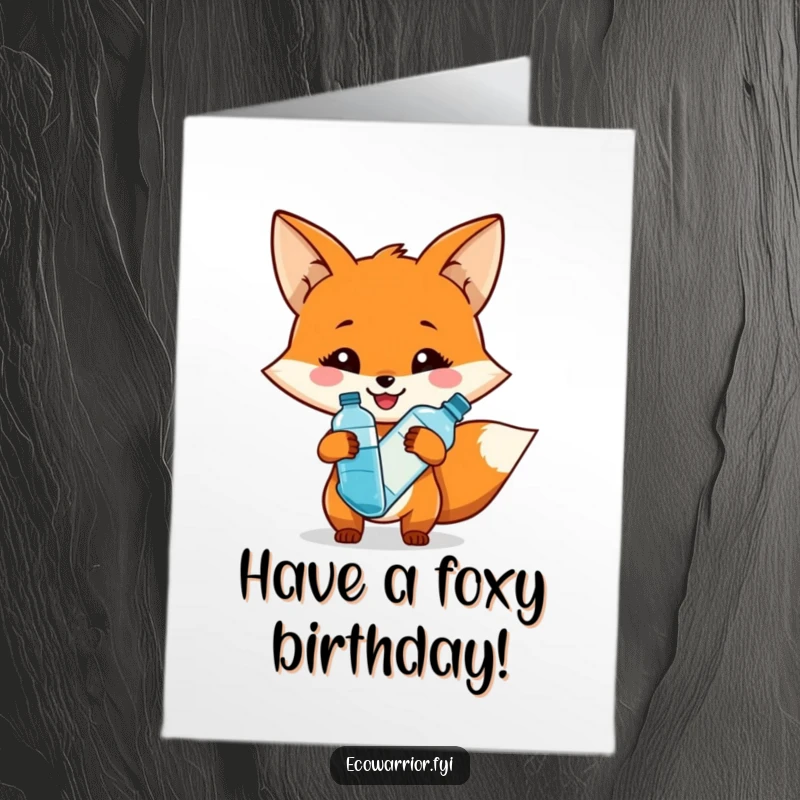 Funny free printable birthday card featuring a smiling fox holding a reusable water bottle, a cheerful and downloadable greeting.