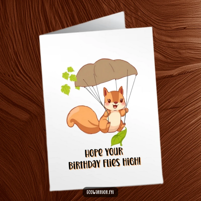 Funny Free Printable Birthday Card: Brave squirrel using a fallen leaf as a parachute, enjoying a daring descent.