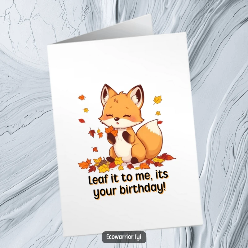 Funny Free Printable Birthday Card: Energetic fox joyfully gathering colorful autumn leaves, perfect for a whimsical greeting.