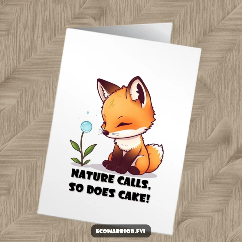 Funny Free Printable Birthday Card featuring a curious fox cub marveling at a sparkling dewdrop on a plant.