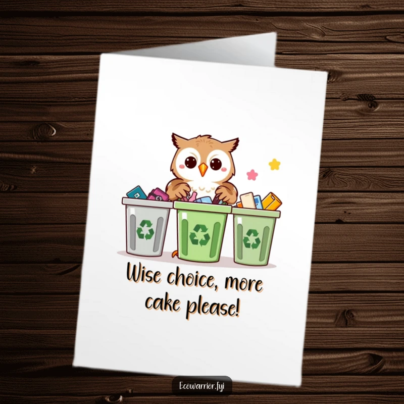 Funny Free Printable Owl Birthday Card: proud owl precisely sorts recyclables for a sustainable birthday.