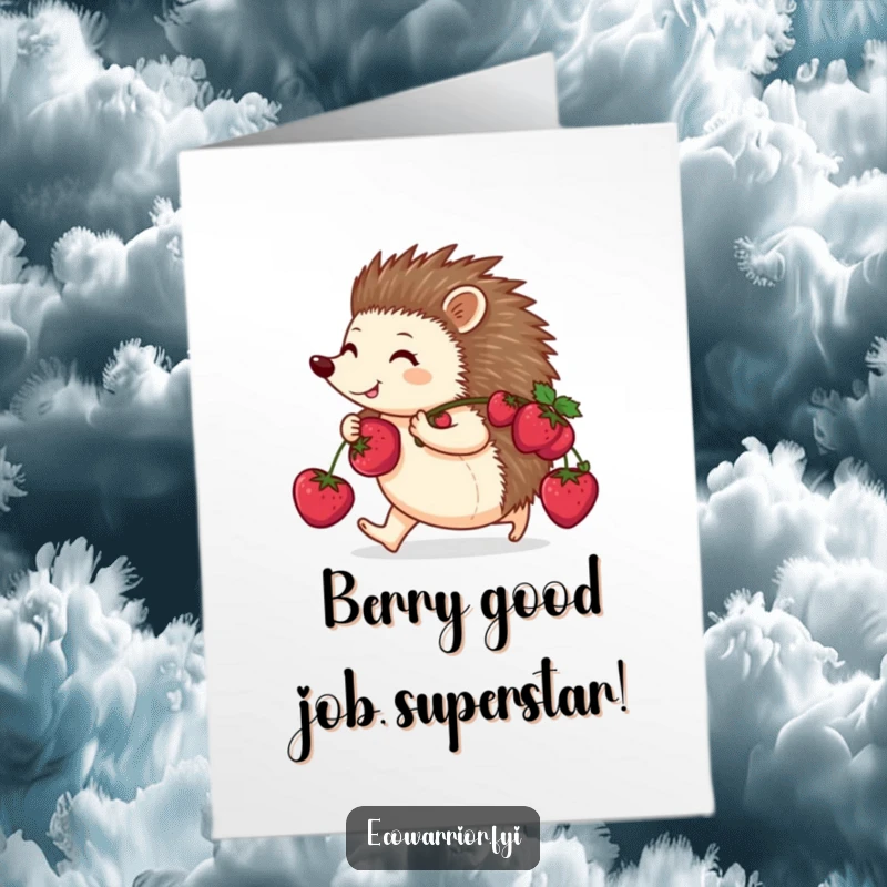 Funny Free Printable Congratulations Card: A happy hedgehog purposefully walks with berries on its back, celebrating success.