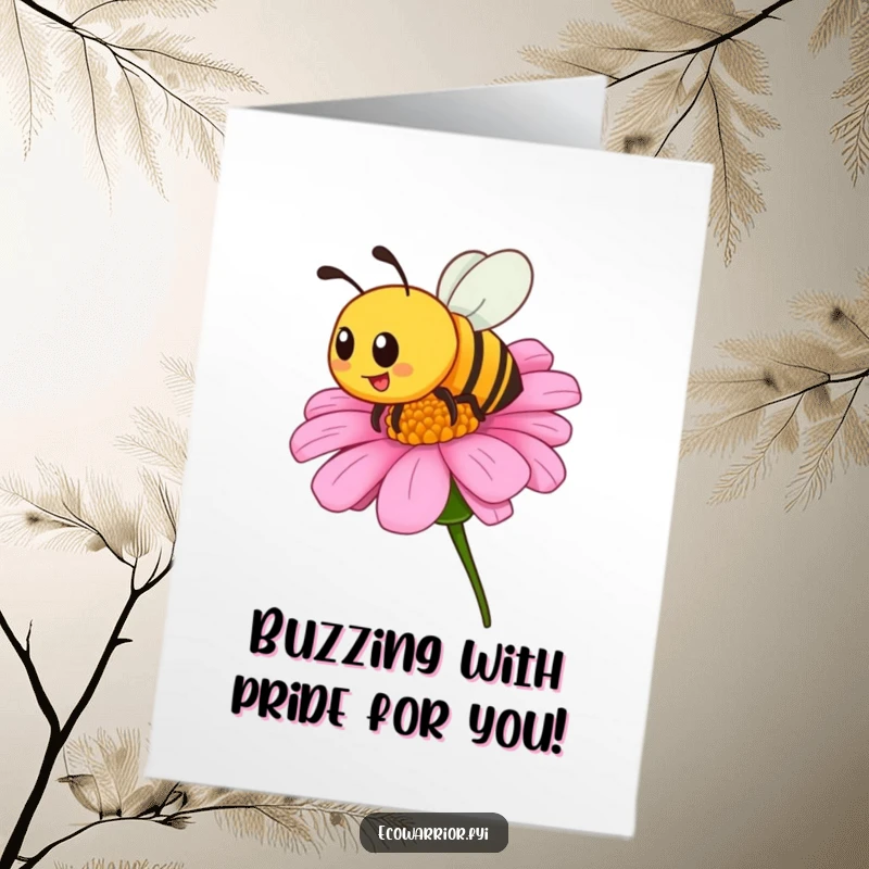 Funny Free Printable Bee Congratulations Card: A proud bee buzzes around a wildflower, celebrating a new success with delight.