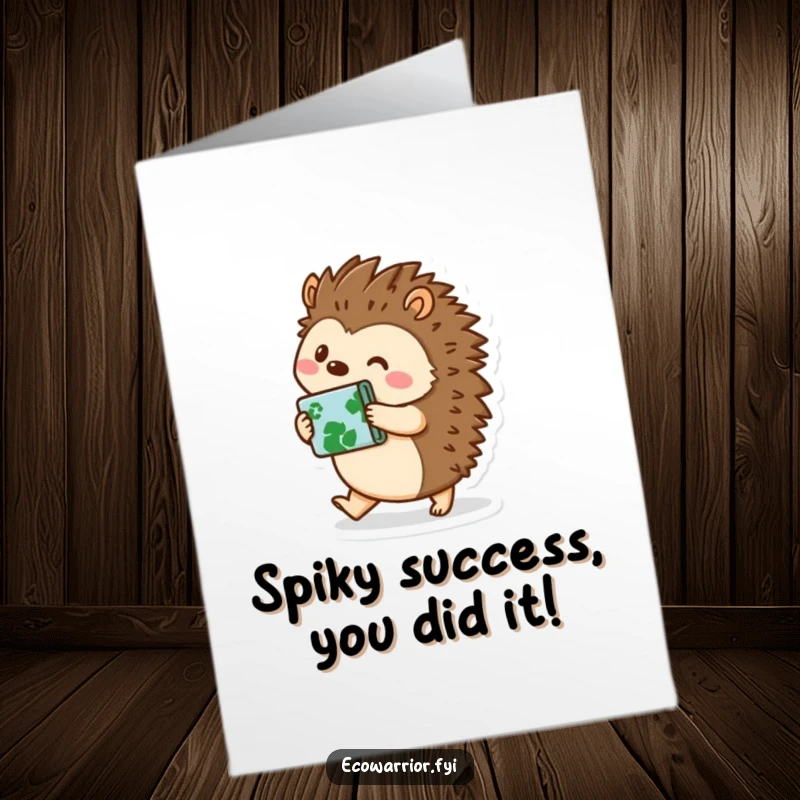 Funny Free Printable Congratulations Card with a helpful hedgehog hauling recycling, ideal for eco-friendly achievements.