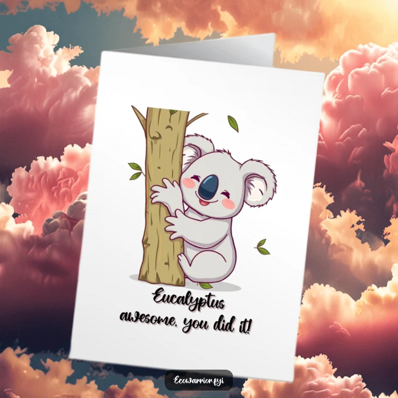 Funny Free Printable Congrats Card: Smiling koala hugging a sapling raises one arm victoriously, celebrating a new beginning.