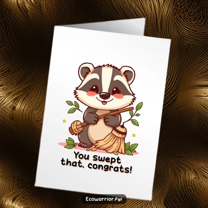 Funny Free Printable Congrats Card: A cheerful badger uses a twig broom to sweep leaves, celebrating achievements.