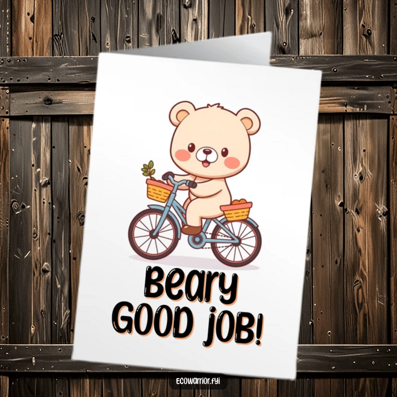 Funny Free Printable Congratulations Card: A cheerful bear cub pedals a bicycle with a basket, symbolizing a joyful journey.