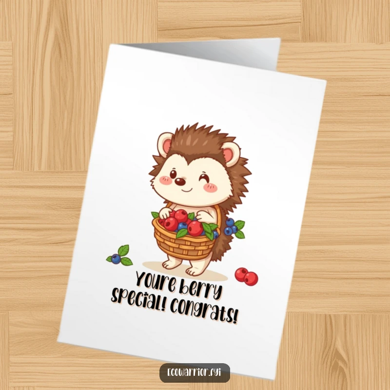 Charming Free Printable Congratulations Card: Kind hedgehog carrying a basket of berries, celebrating success with a gentle smile.