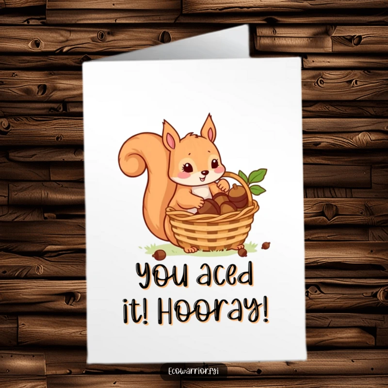 Funny Free Printable Congratulations Card: A playful squirrel carefully places collected acorns into a basket to celebrate.