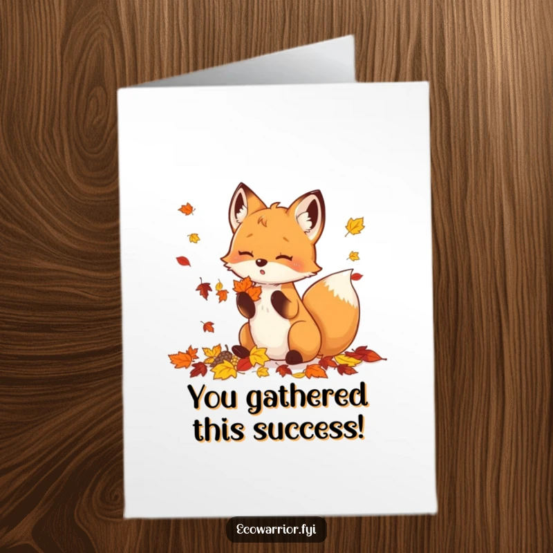 Funny Free Printable Congratulations Card: Enthusiastic fox collecting vibrant fallen leaves, celebrating success with woodland charm.