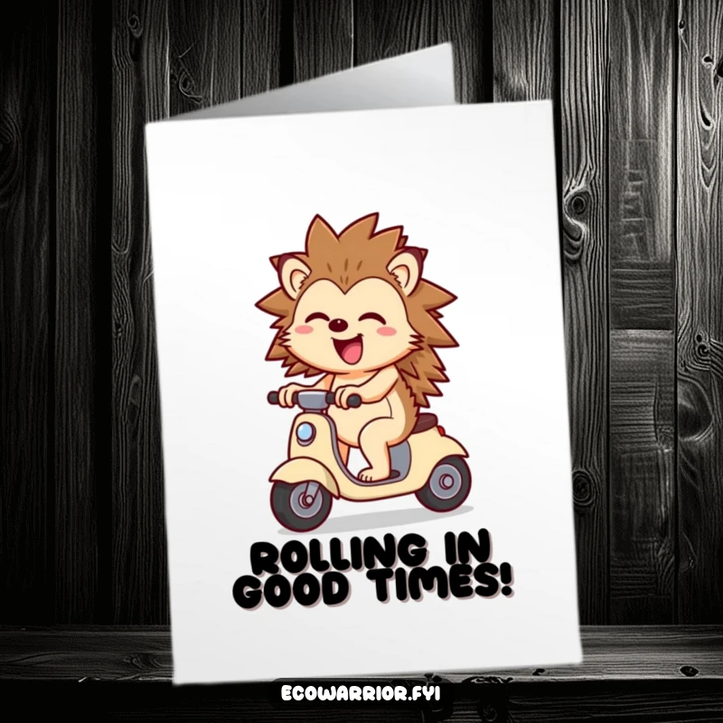 Funny Free Printable Hedgehog Congratulations Card: happy hedgehog on a scooter, celebrating success by wind power.