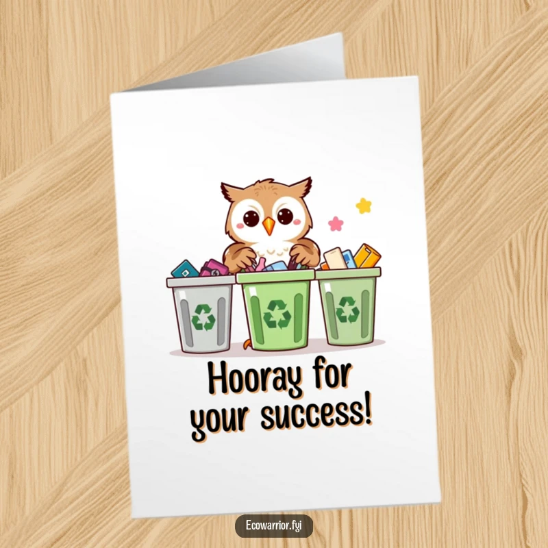 Funny Free Printable Owl Congratulations Card: proud owl sorts recyclables, celebrating smart achievements with precision.