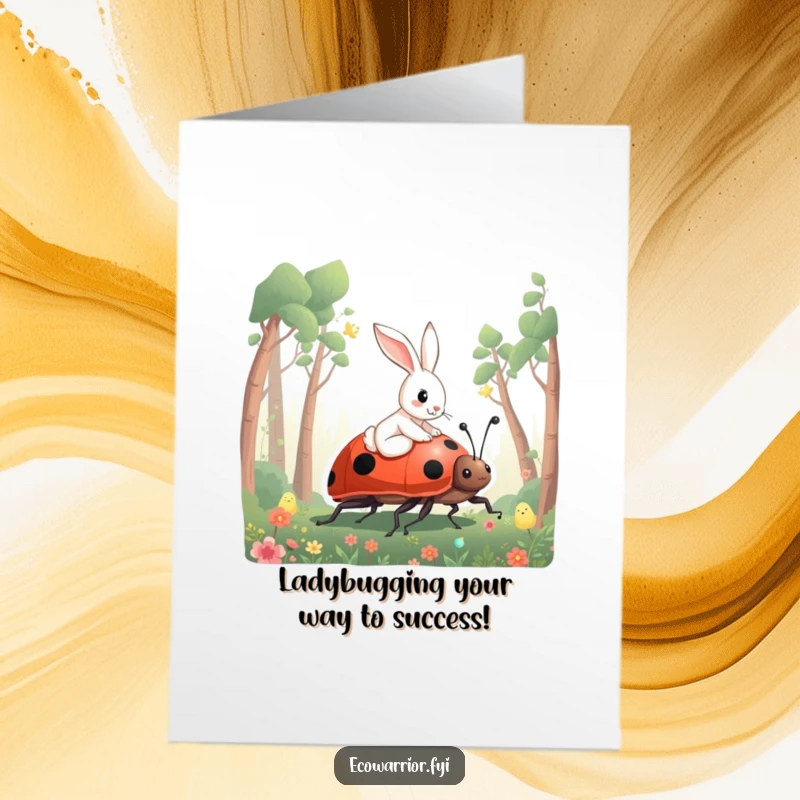 Funny Free Printable Congratulations Card: Rabbit riding a giant ladybug through a forest, celebrating a successful journey.