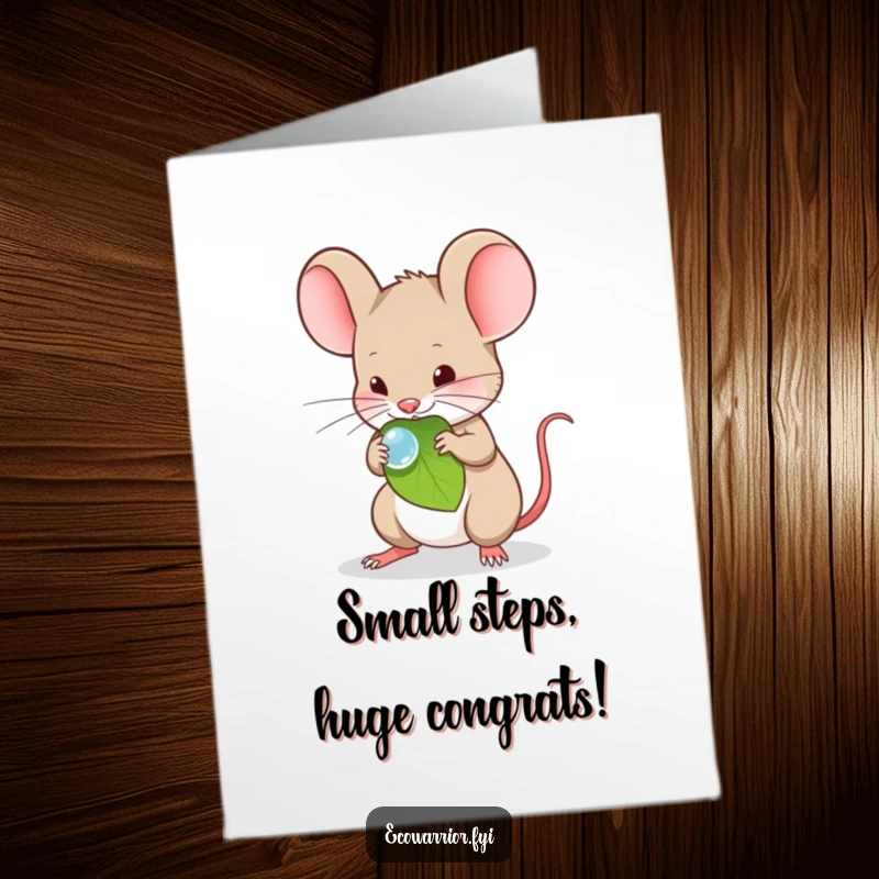 Funny Free Printable Congratulations Card: A shy mouse carefully transporting a dewdrop on a leaf, signifying delicate success.