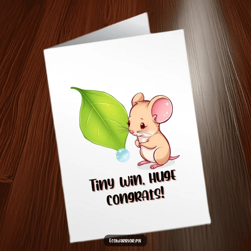 Funny Free Printable Congratulations Card: A curious mouse inspects a dewdrop on a leaf, celebrating discovery.