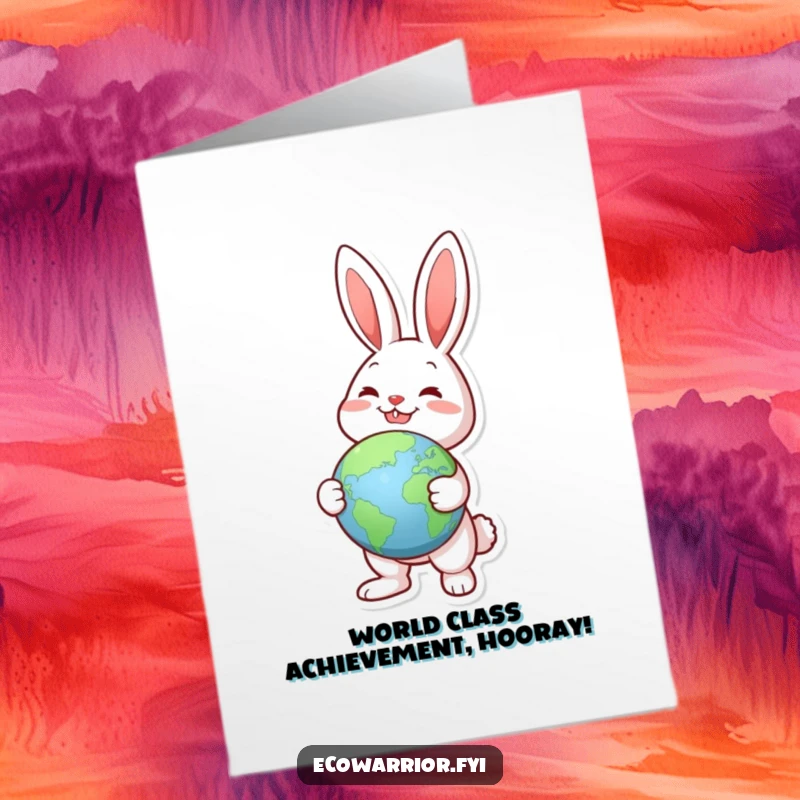 Funny Free Printable Rabbit Congratulations Card: joyful rabbit with a globe, celebrating a major achievement.