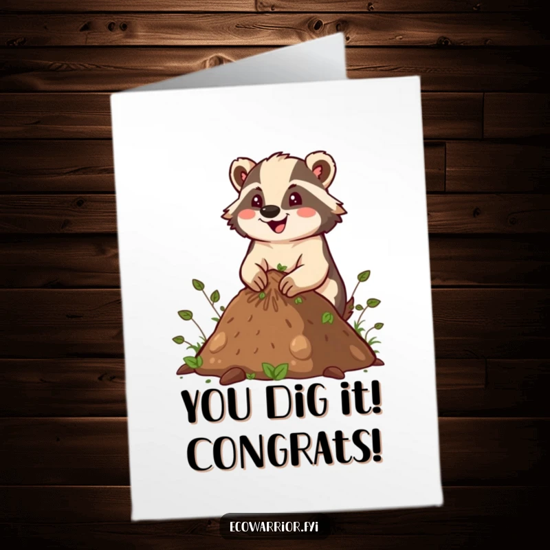 Funny Free Printable Congratulations Card: Energetic Badger smiling while building a compost pile, celebrating achievements.