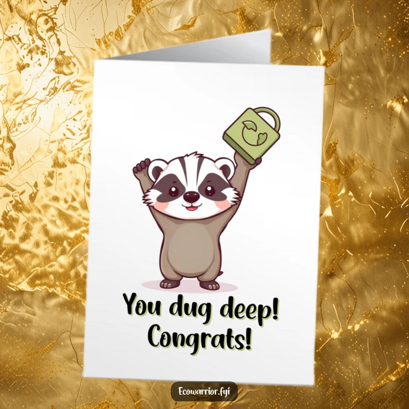 Funny Free Printable Congrats Card: A determined badger holding a recycled item aloft, celebrating eco-conscious victory.