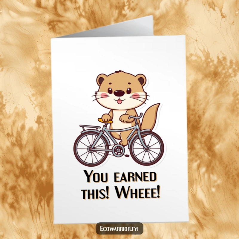 Funny Free Printable Congratulations Card showing a playful otter happily riding a bicycle made from recycled items, celebrating success.