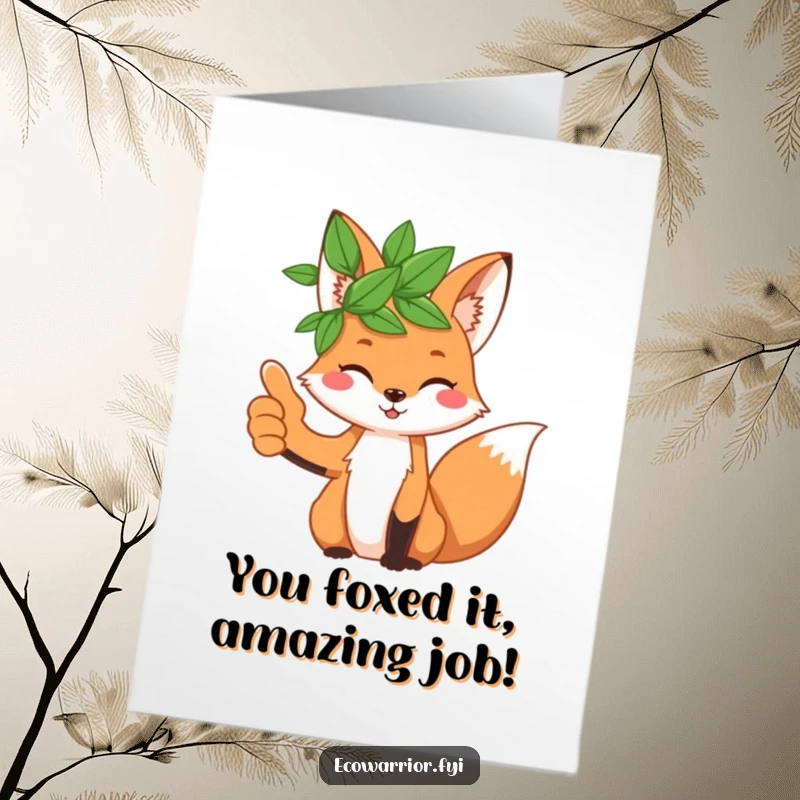Funny Free Printable Congratulations Card: A joyful fox wearing a crown of leaves gives an enthusiastic thumbs up.