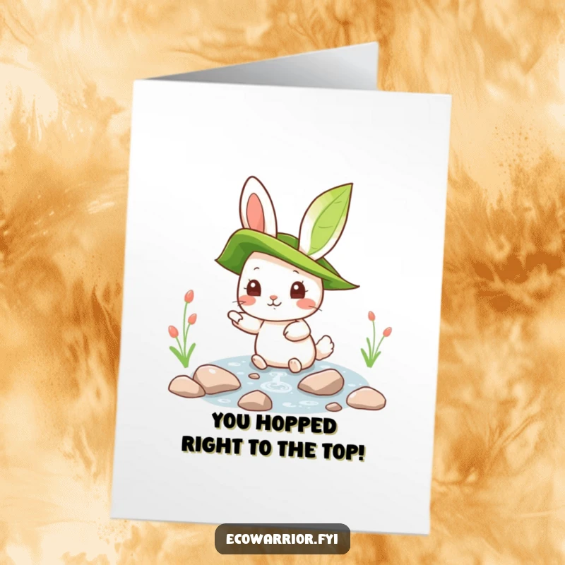 Funny Free Printable Congratulations Card featuring a curious rabbit with a leaf hat, pointing towards a sparkling clean stream, signifying purity.