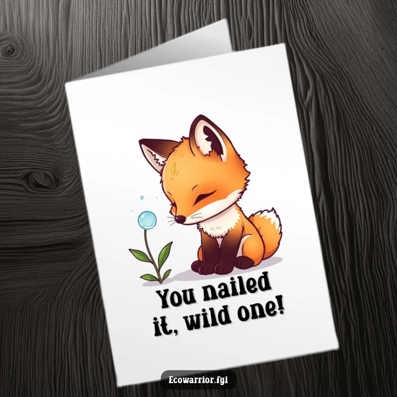 Funny Free Printable Congratulations Card: A curious fox cub gazes in wonder at a dewdrop, symbolizing new beginnings.
