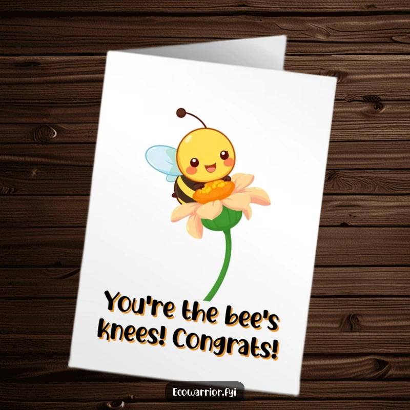 Funny free printable congratulations card with a happy bee pollinating a wildflower, celebrating success with downloadable sweetness.