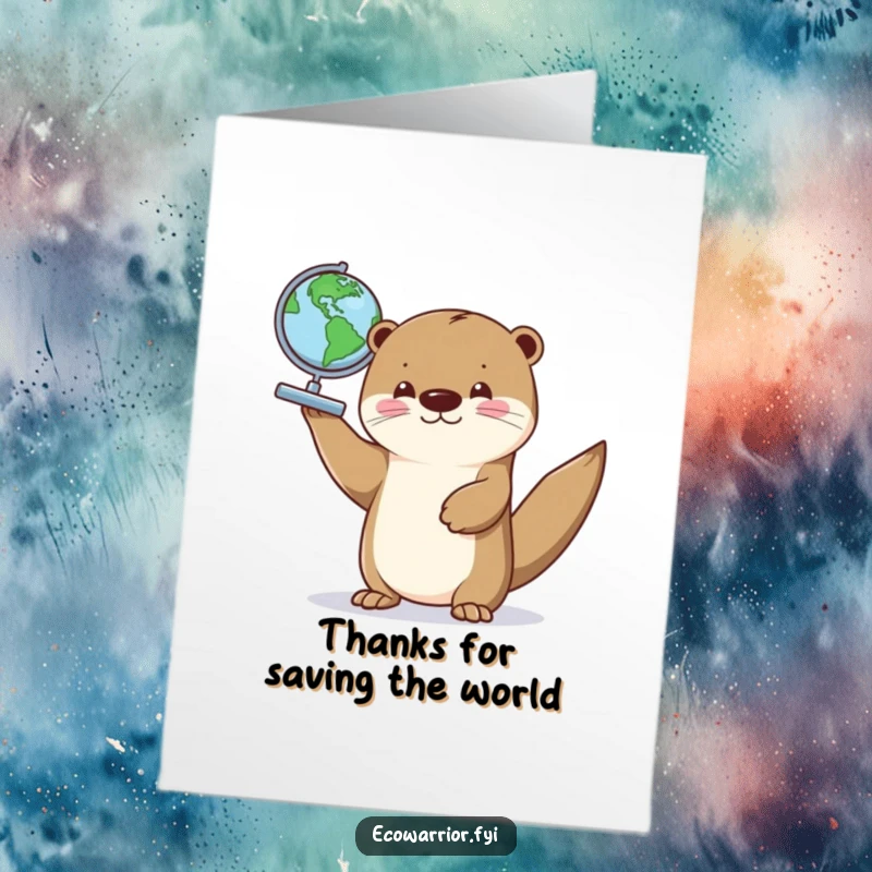 Funny Free Printable Thank You Card: Otter jubilantly holds a tiny globe, conveying immense gratitude.