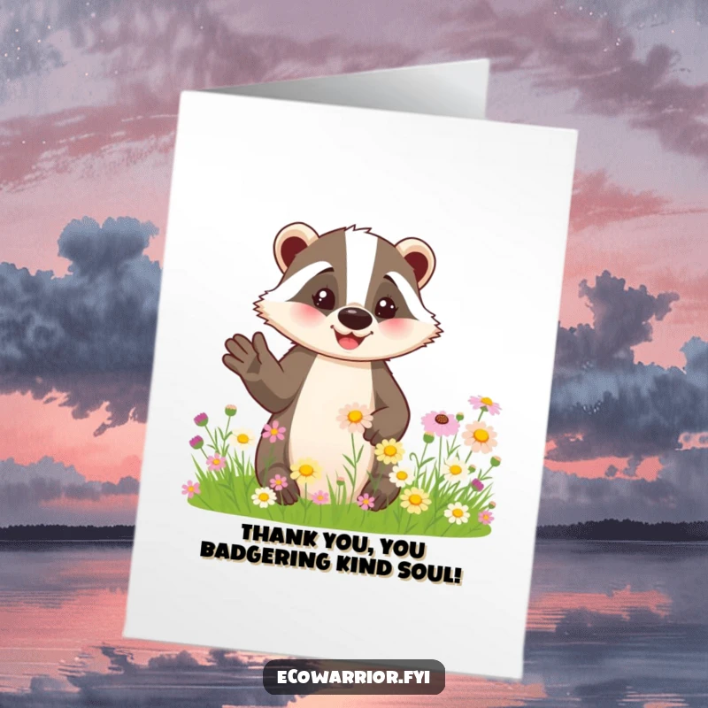 Funny Free Printable Thank You Card: Friendly badger inviting you to admire wildflowers, conveying heartfelt thanks with a smile.